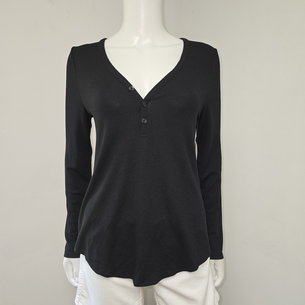 Athleta Wind Down Sleep Top Long Sleeve Waffle Henley Black Size XL Stretch NWT